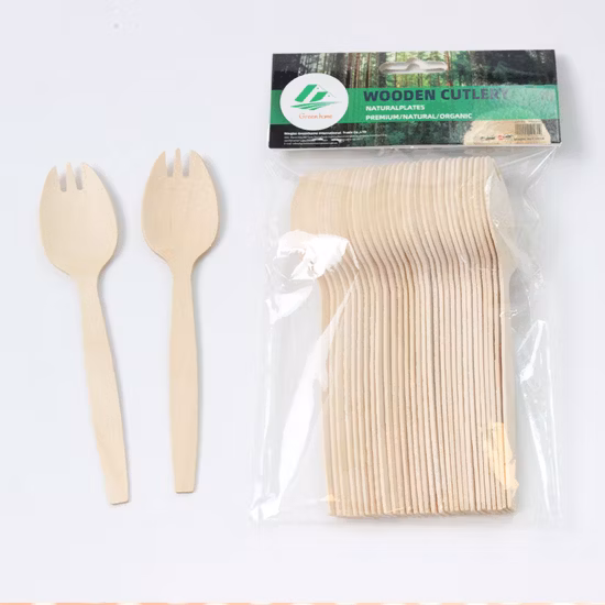 Cubiertos de madera para eliminación de abono Spork de madera de abedul de 146 mm en una bolsa de polietileno